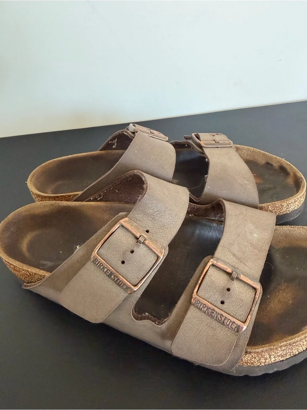 Birkenstock Arizona Brown Two Strap Sandals Estimated Size 43 Well Worn